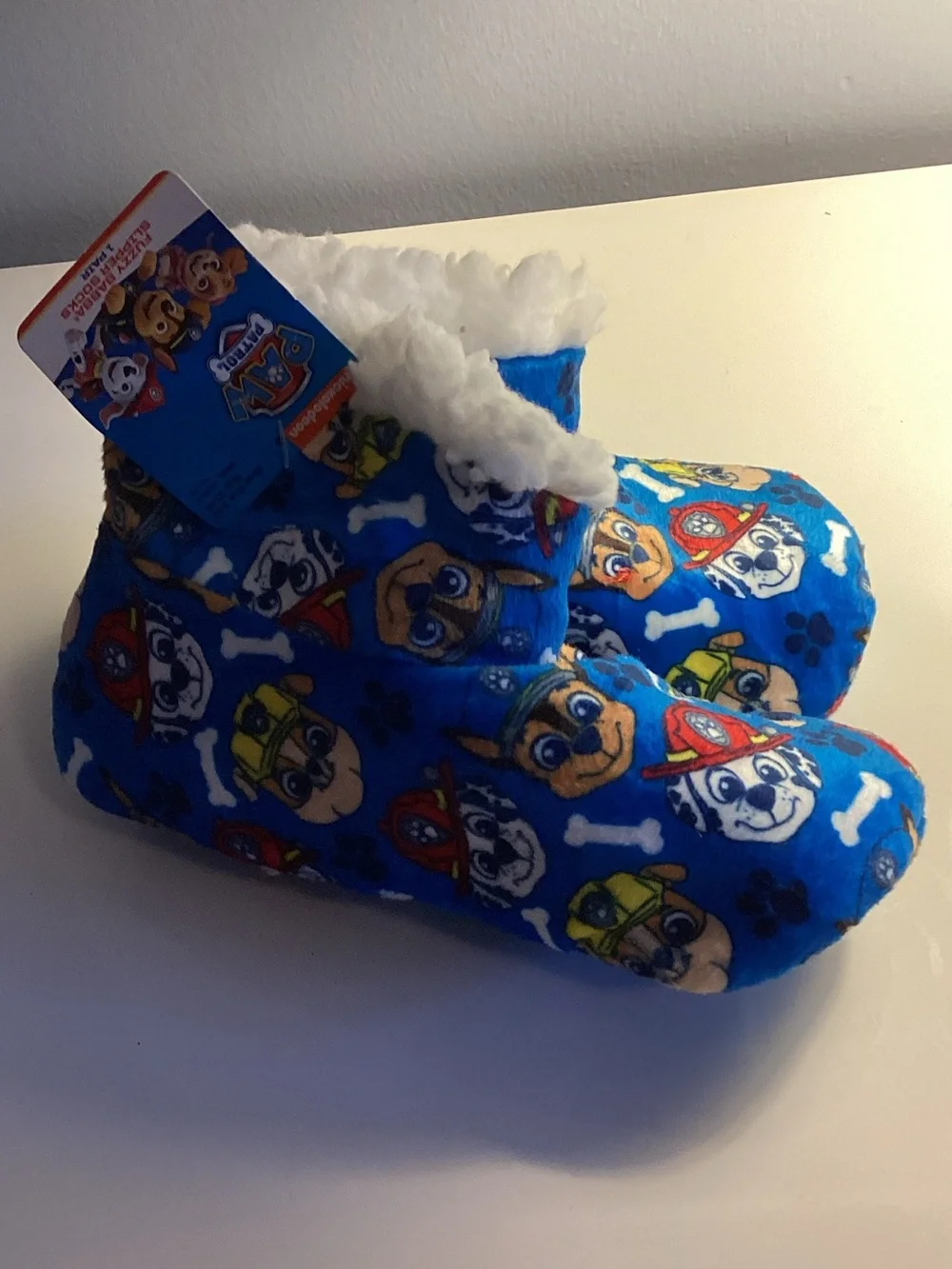 Paw Patrol Blue Plush Kids One-Piece Footie Slippers with White Faux-Fur Cuff